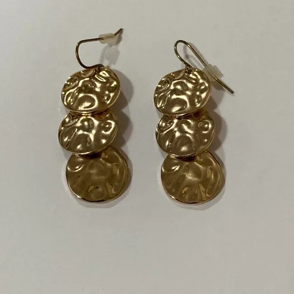 Gold Tone Hammered Disc Drop Earrings - Picture 1 of 5